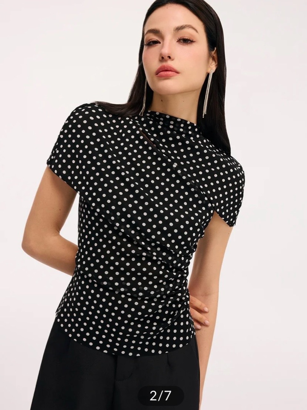 Commense Black Polka Dot Cut-out Ruched Draped Short Sleeve Top - Picture 2 of 7